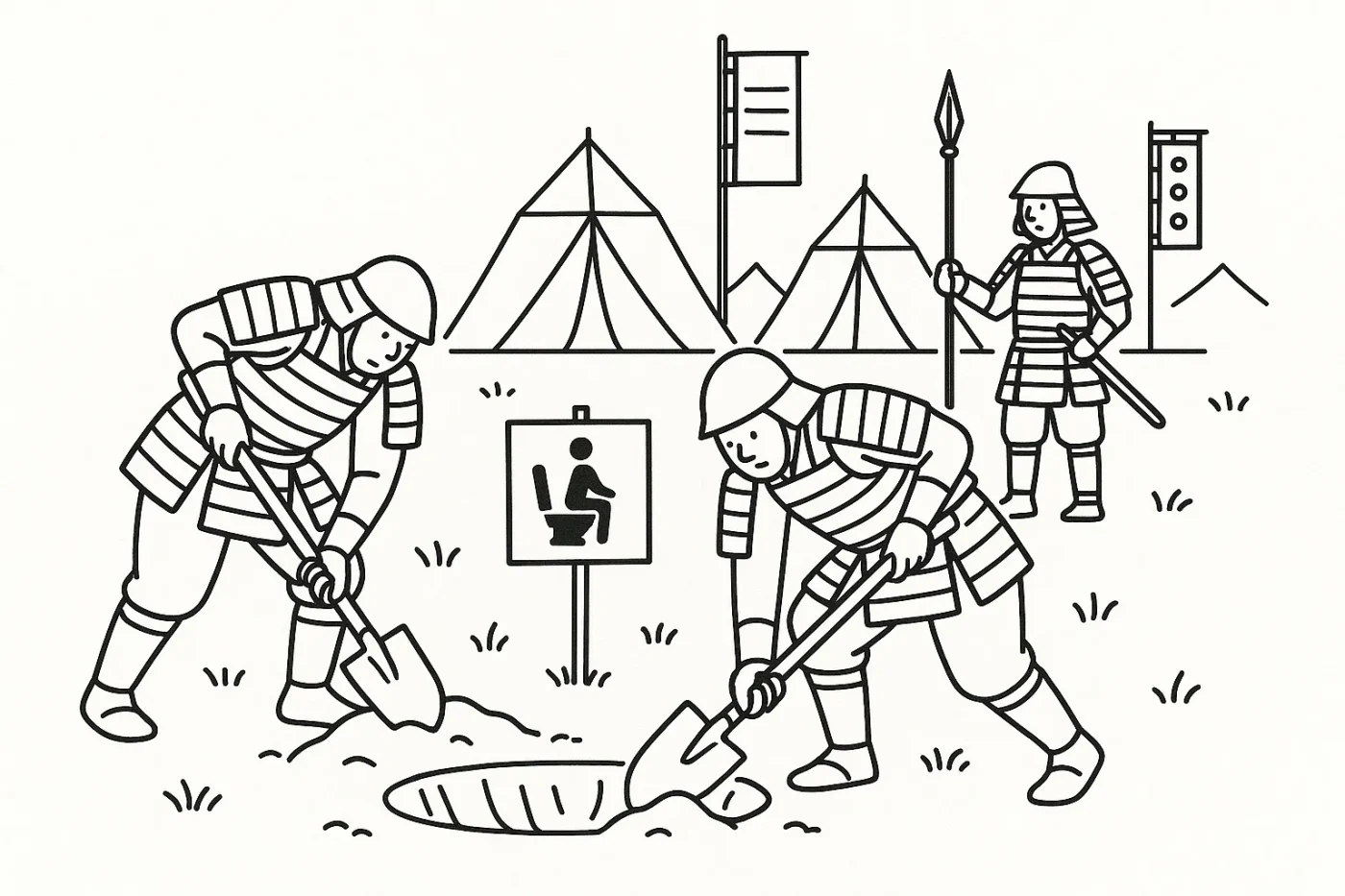 戦場でトイレ用の穴を掘る兵士たち