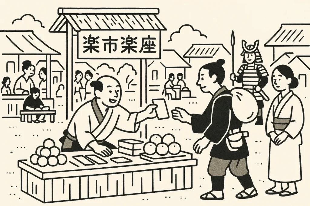 織田信長が開いた楽市楽座の様子