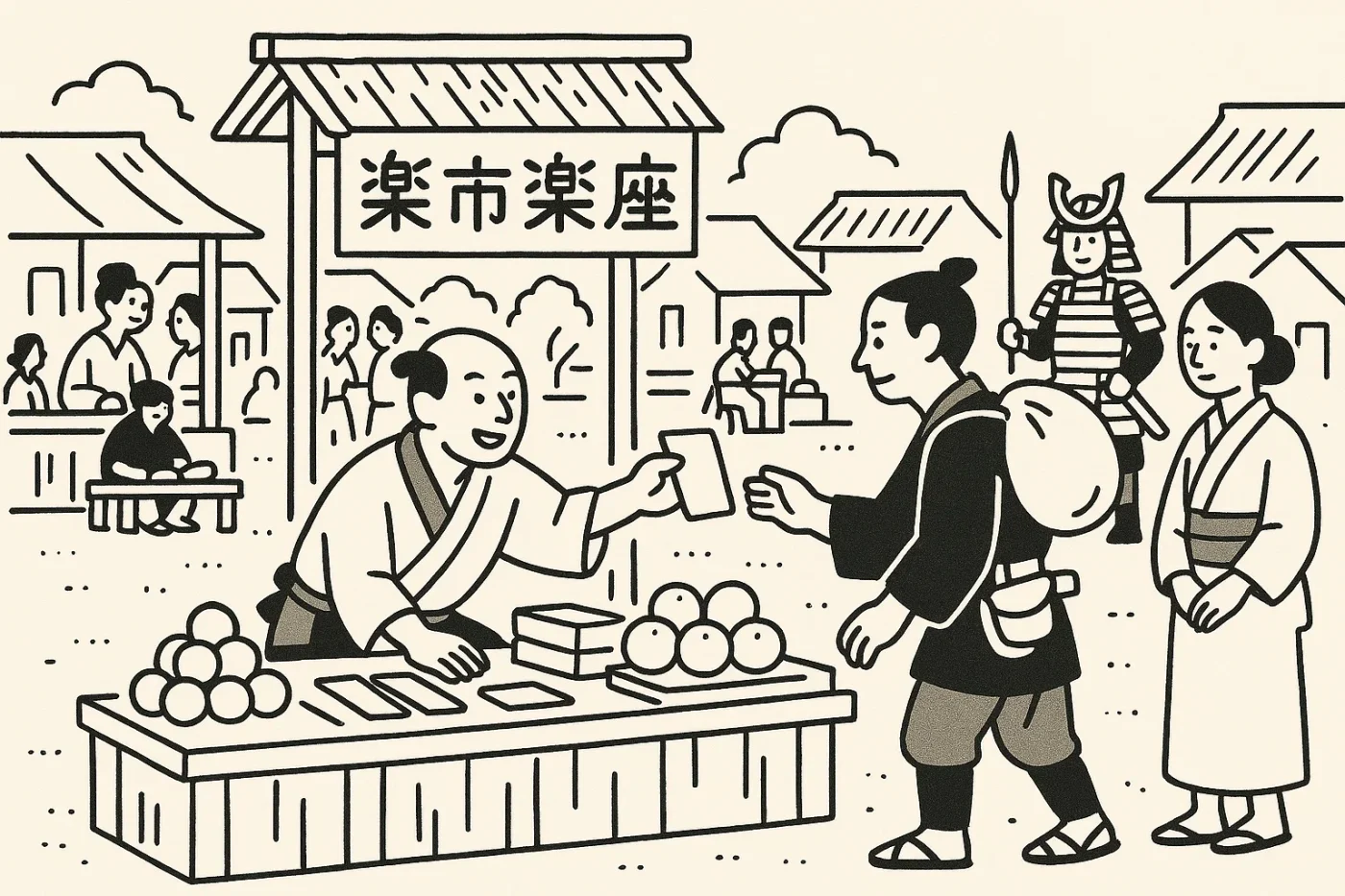 織田信長が開いた楽市楽座の様子