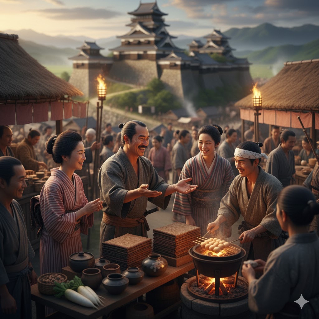 織田信長が開いた楽市楽座の様子