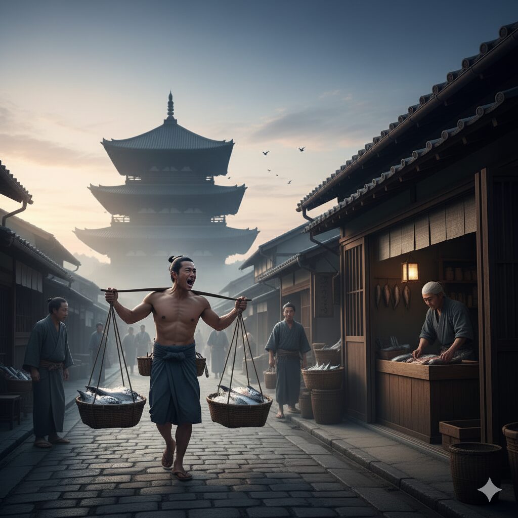 江戸の空が白むころ、寺の鐘が鳴る。 町の魚屋が戸を開け、行商が声を張り上げる。