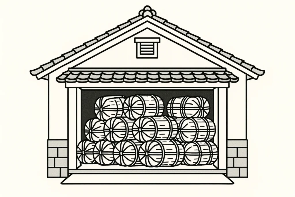 蔵に米俵がたくさん積まれているイラスト。