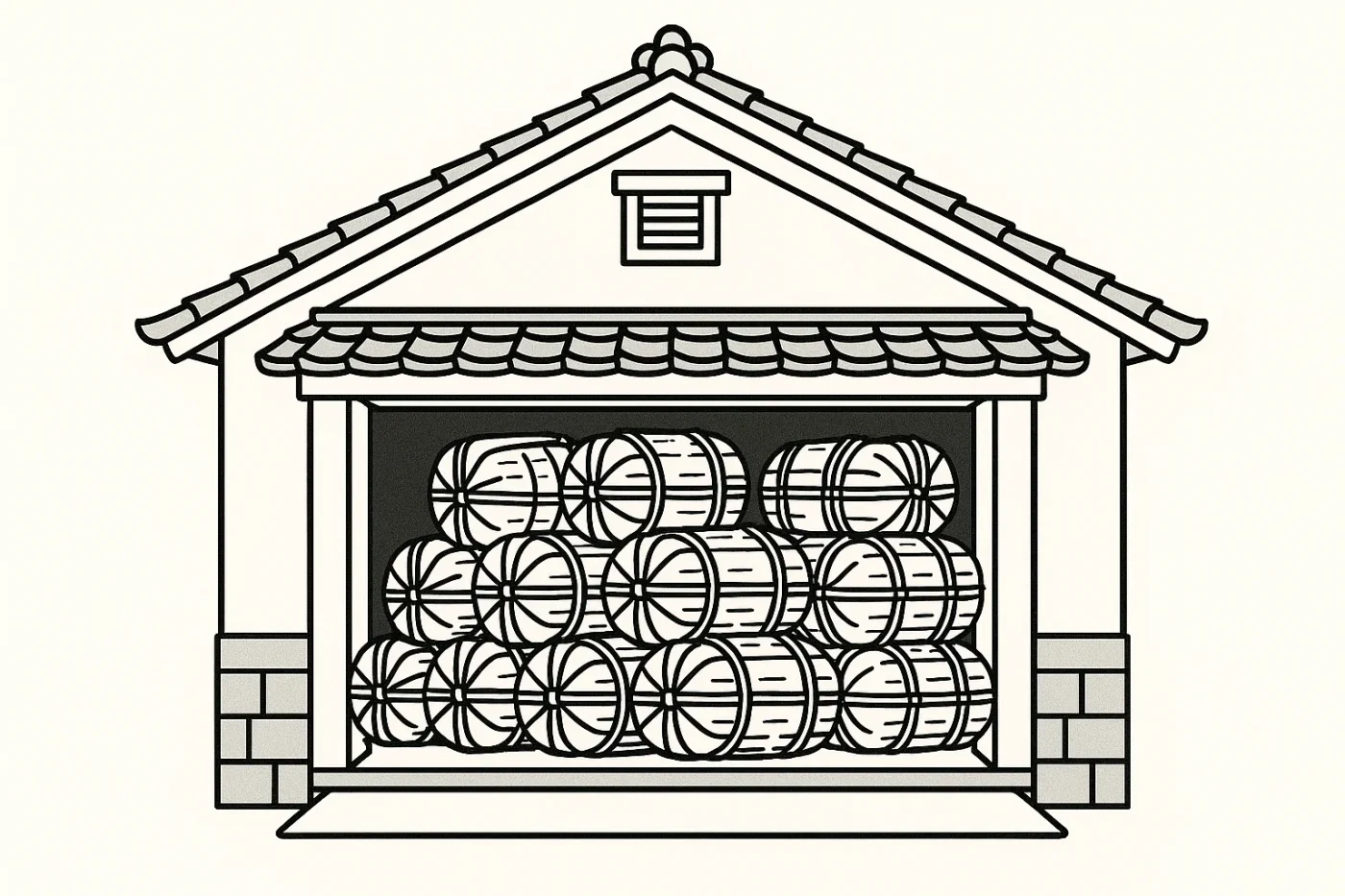 蔵に米俵がたくさん積まれているイラスト。