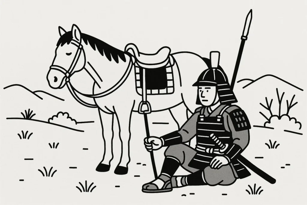 戦国時代の行軍中で休む馬の様子
