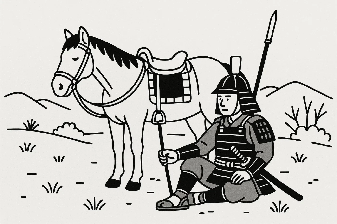 戦国時代の行軍中で休む馬の様子