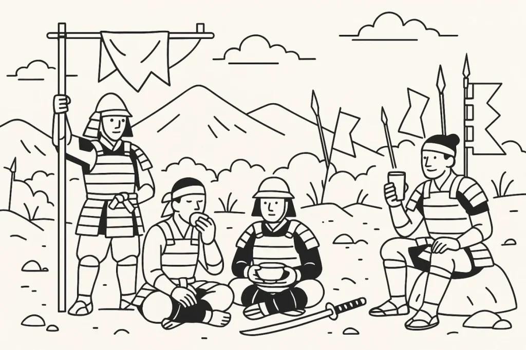 戦国時代の足軽たちが、天気の日のふんどしを旗のようにはためかせて乾かしている。