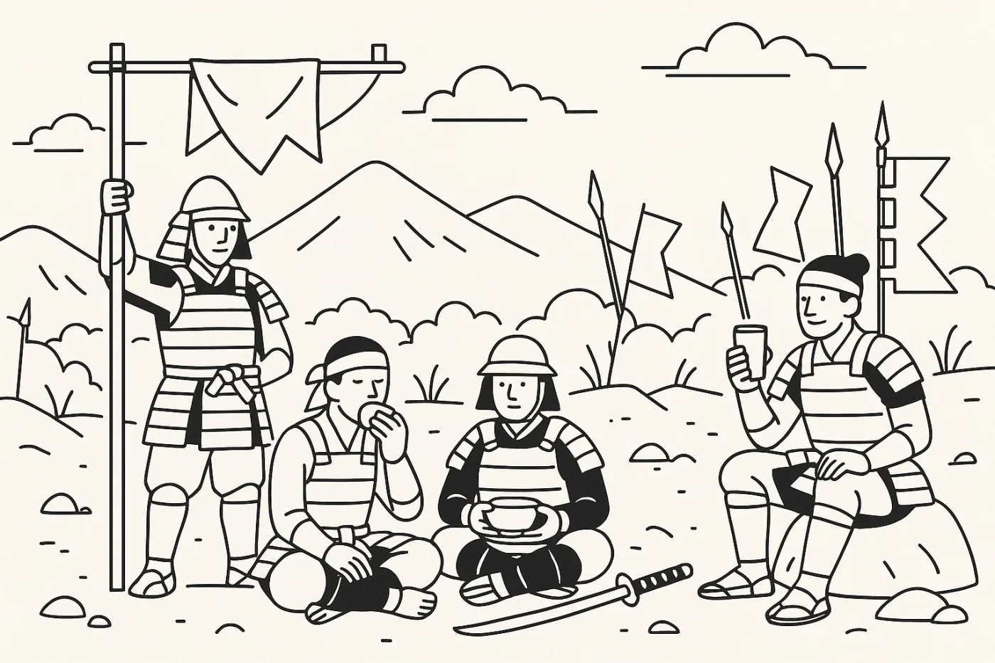 戦国時代の足軽たちが、天気の日のふんどしを旗のようにはためかせて乾かしている。