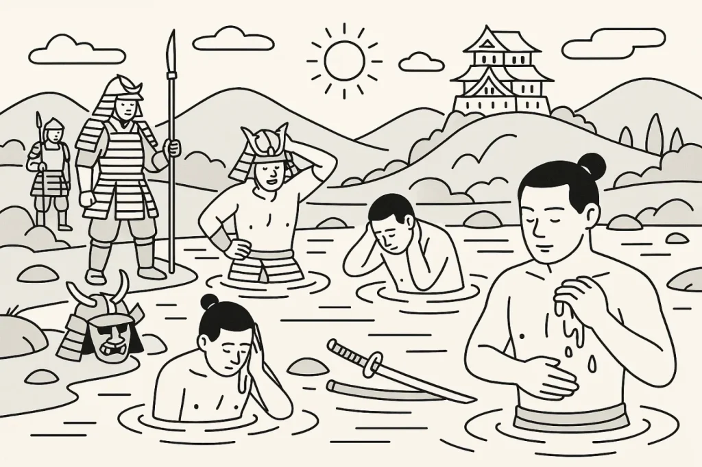 戦国時代の戦場ど川を見つけて、川に入って身体を洗う兵士たち