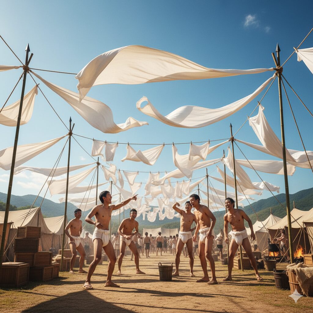 戦国時代の足軽たちが、天気の日のふんどしを旗のようにはためかせて乾かしている。