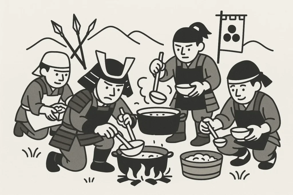 戦国時代の戦場での食事を作ってる食事当番の人間たちのイラスト