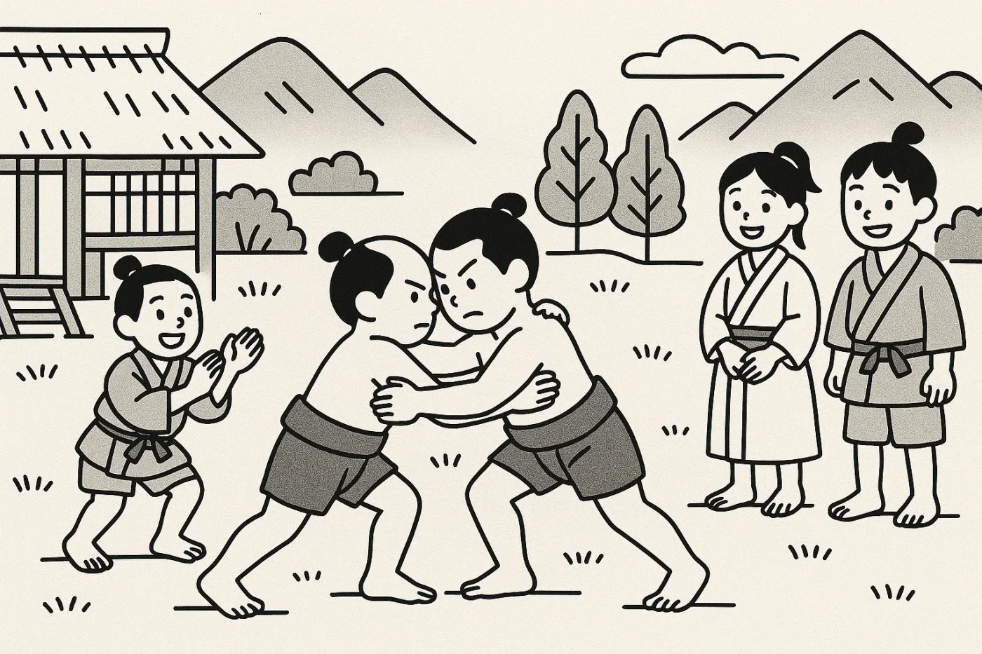 戦国時代の子供たちが、天気の良い日に相撲などをしながら遊んでいる様子