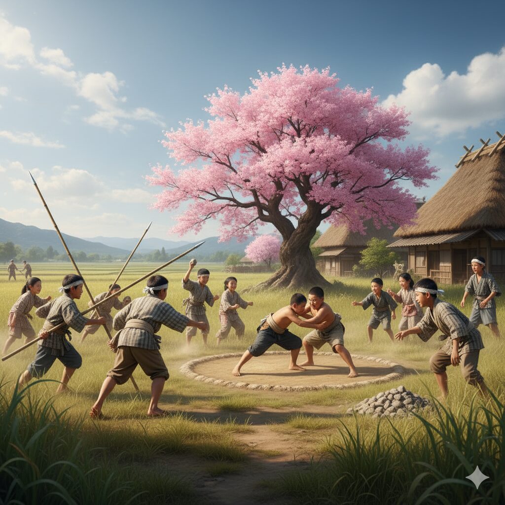 戦国時代の子供たちが、天気の良い日に竹槍ごっこや石投げ、相撲などをしながら遊んでいる様子