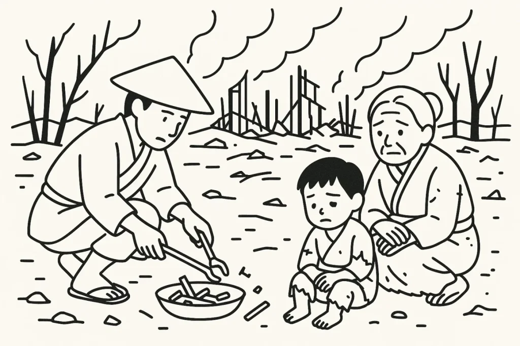 戦国時代の戦後、焼け野原となった場所に住む人々が、瓦礫の中から生活の痕跡を探している様子。大人が使えるものを拾い集め、子供が焦げた竹の笛を吹いているという、希望と悲哀が入り混じった情景