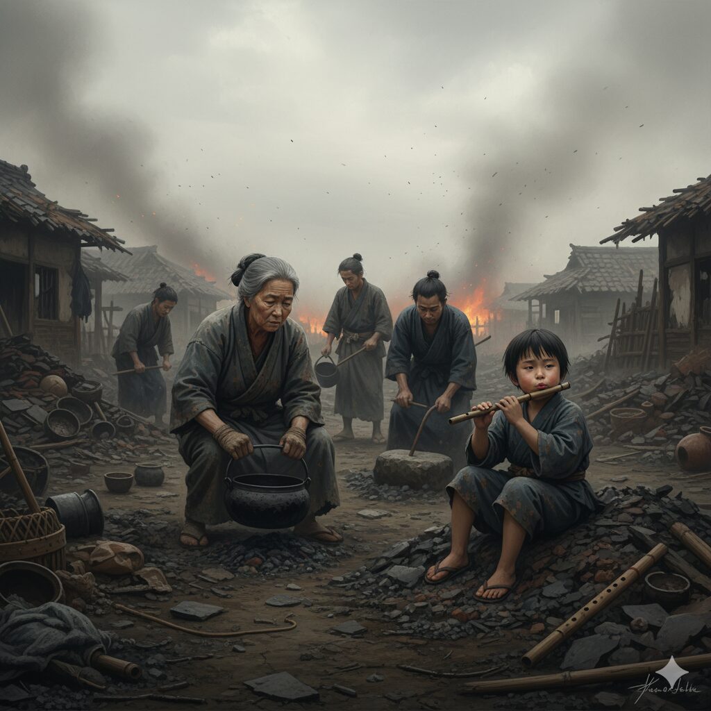 戦国時代の戦後、焼け野原となった場所に住む人々が、瓦礫の中から生活の痕跡を探している様子。大人が使えるものを拾い集め、子供が焦げた竹の笛を吹いているという、希望と悲哀が入り混じった情景