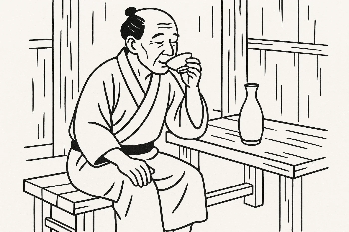 江戸時代の酒場で酒を飲む男