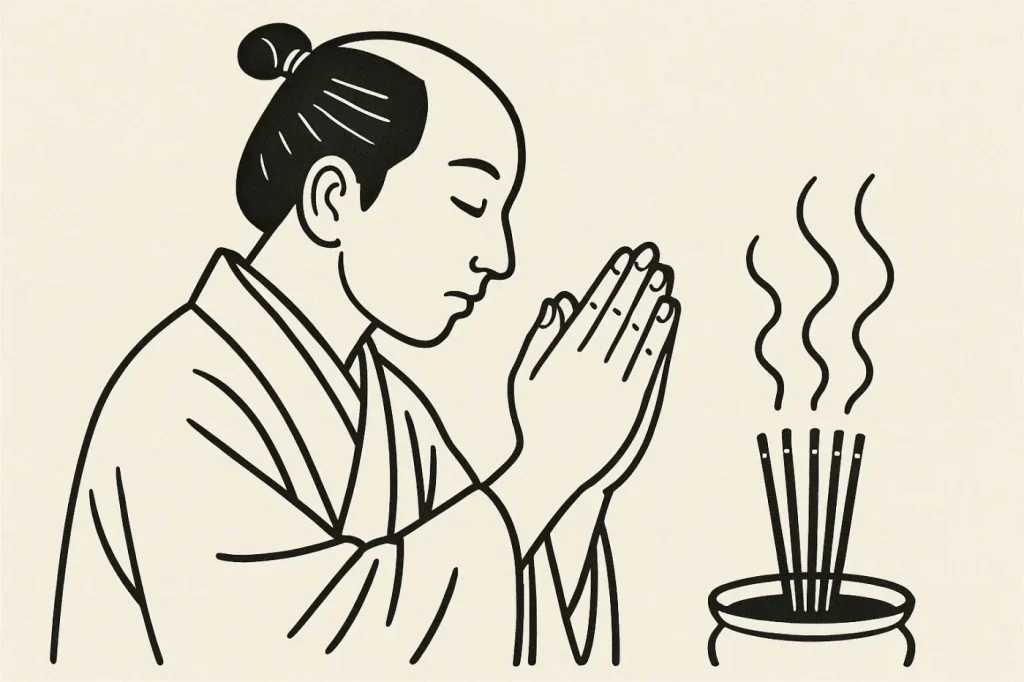 線香の前で手をあわせて拝む