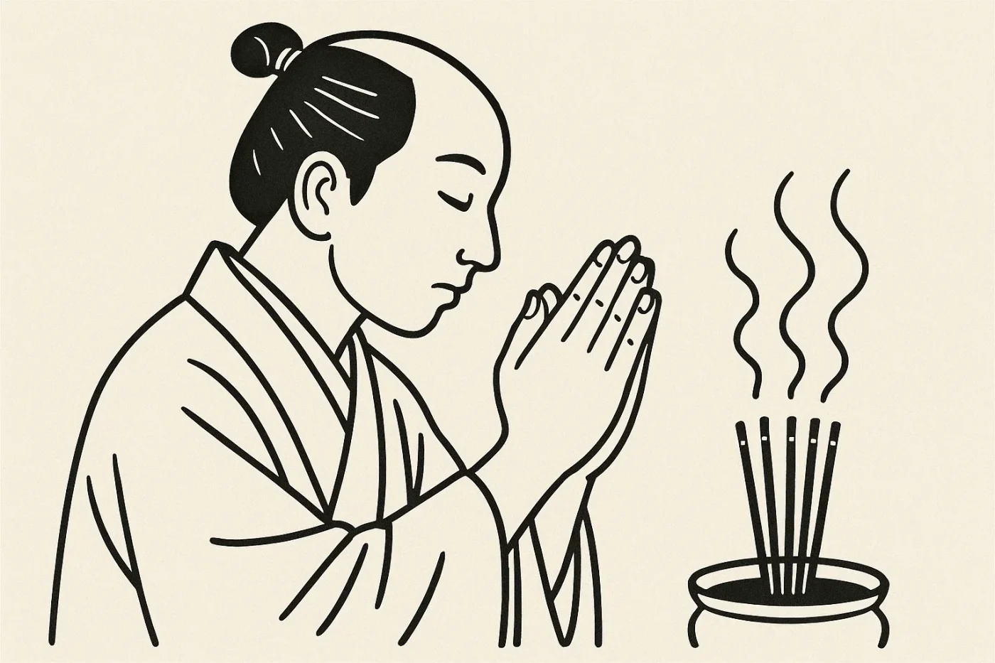 線香の前で手をあわせて拝む