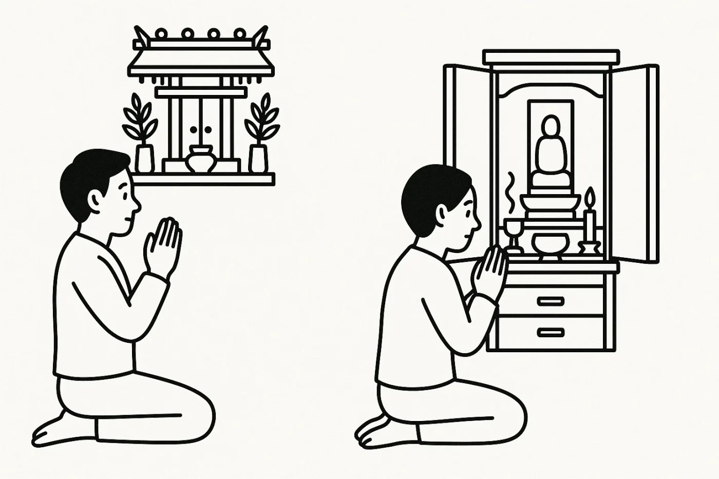 左側に神棚を拝む人。右側に仏壇を拝む人のイラスト。