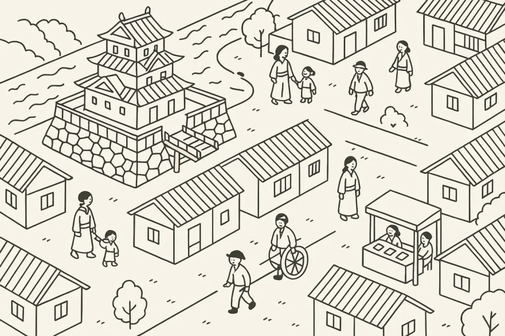 城下町での人々の生活を描いたイラスト