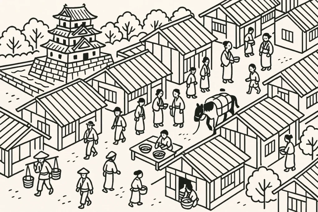 城下町の生活を俯瞰で描いたイラスト