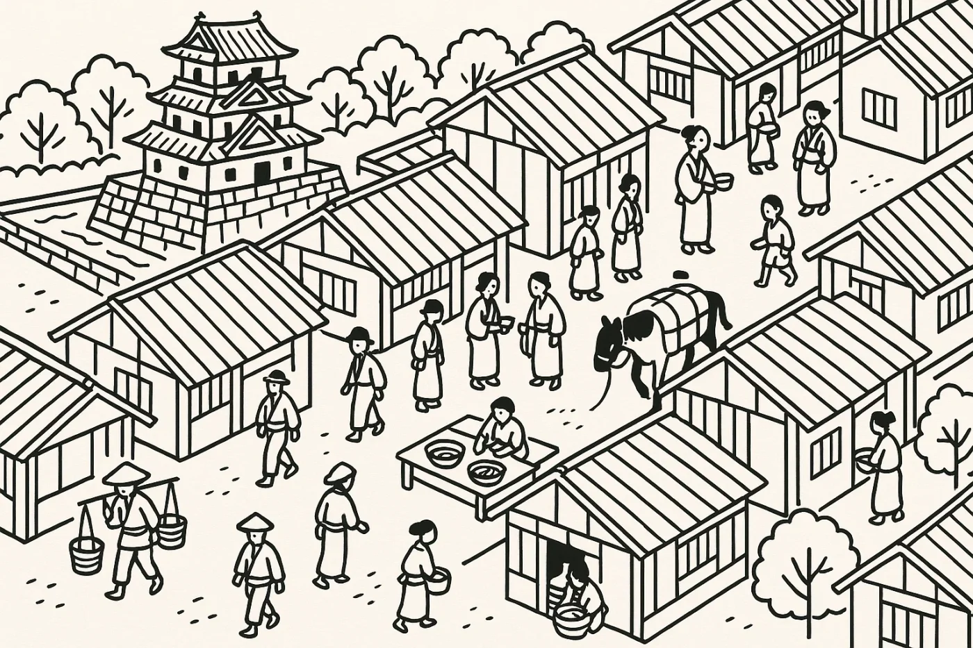 城下町の生活を俯瞰で描いたイラスト