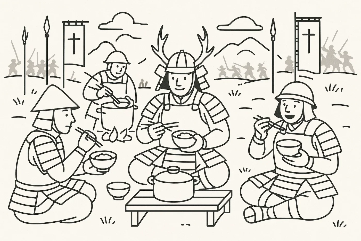 戦場での食事風景のイラスト