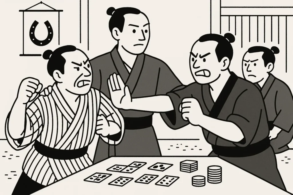 賭場で喧嘩を仲裁する博徒