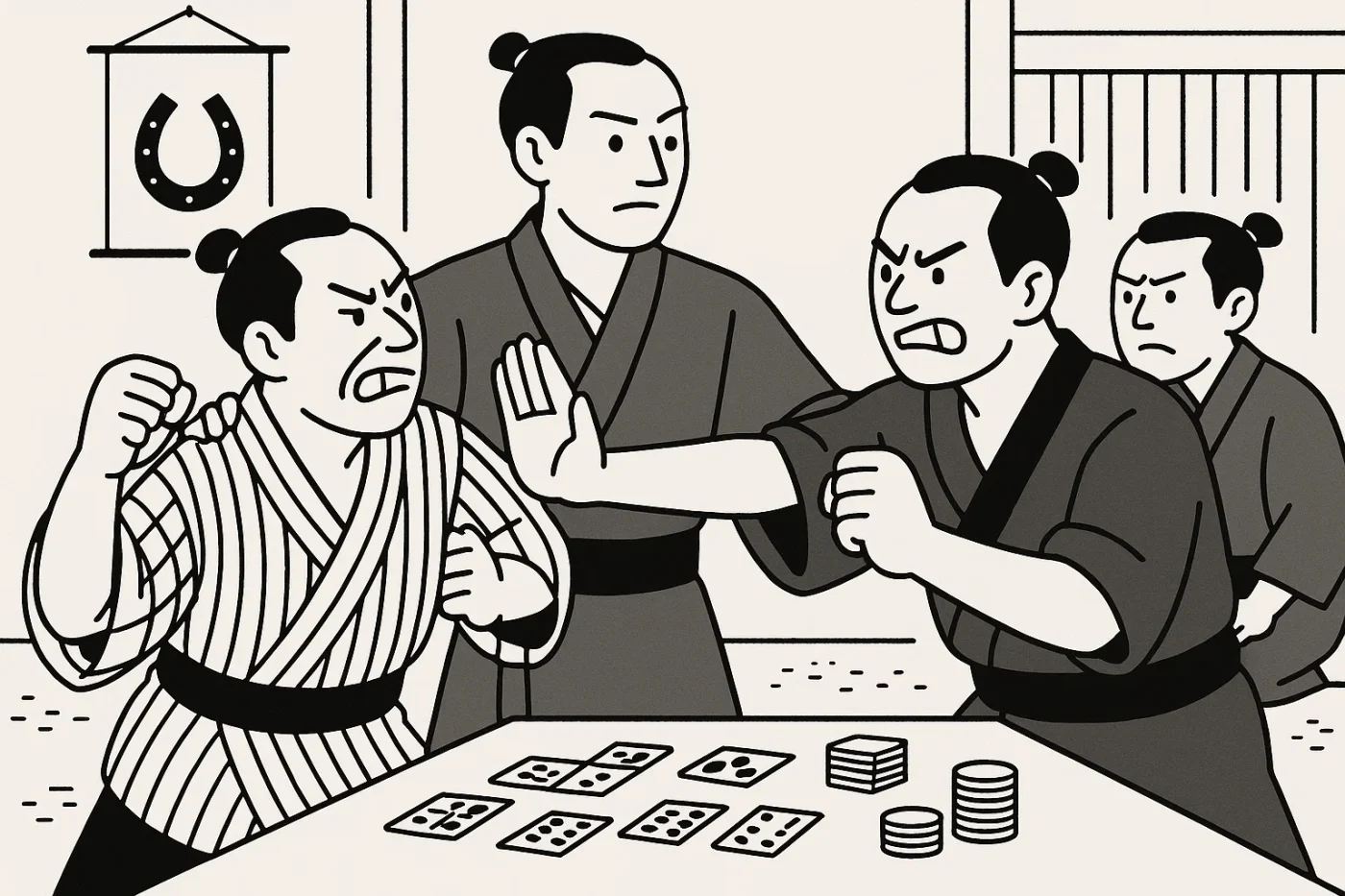 賭場で喧嘩を仲裁する博徒