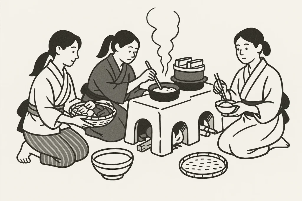 戦国時代。かまどの前で食事の用意をする女性たち