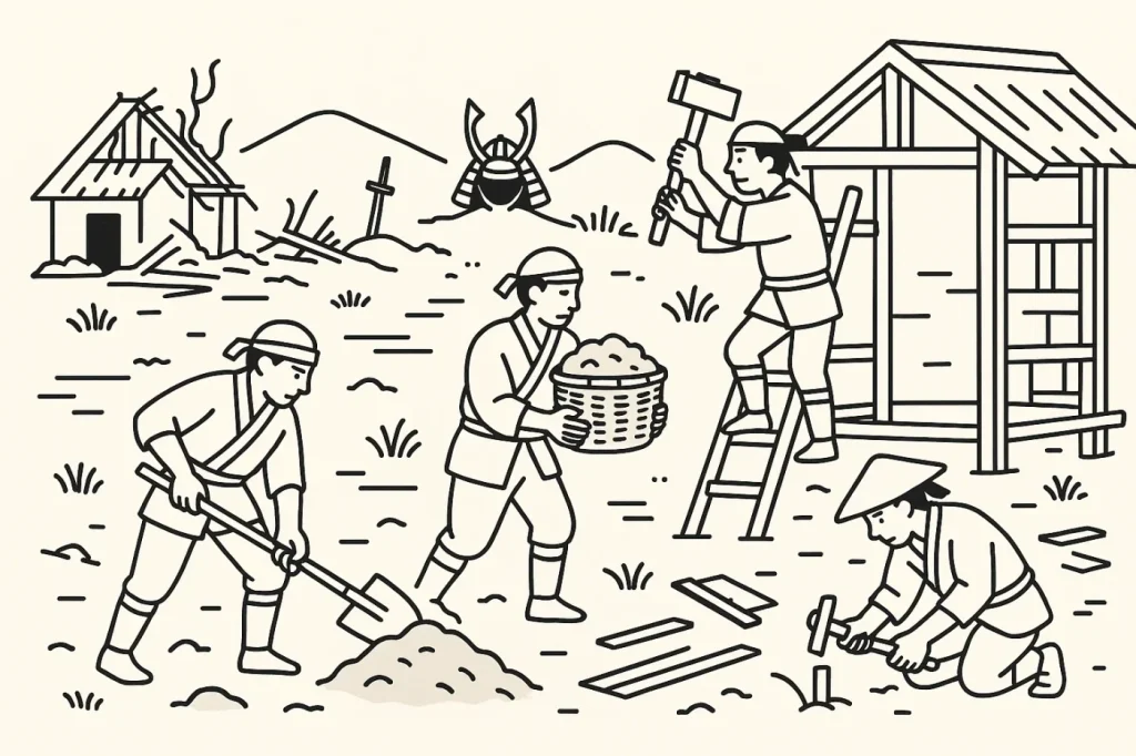 戦国時代。戦のあとの村を復興している土木作業のイラスト