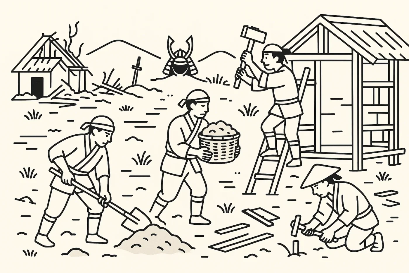 戦国時代。戦のあとの村を復興している土木作業のイラスト