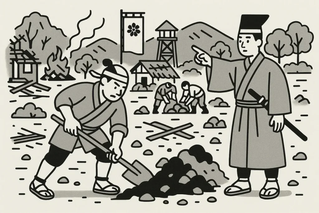 戦国時代。戦のあとの村を復興している土木作業する人と指示する役人