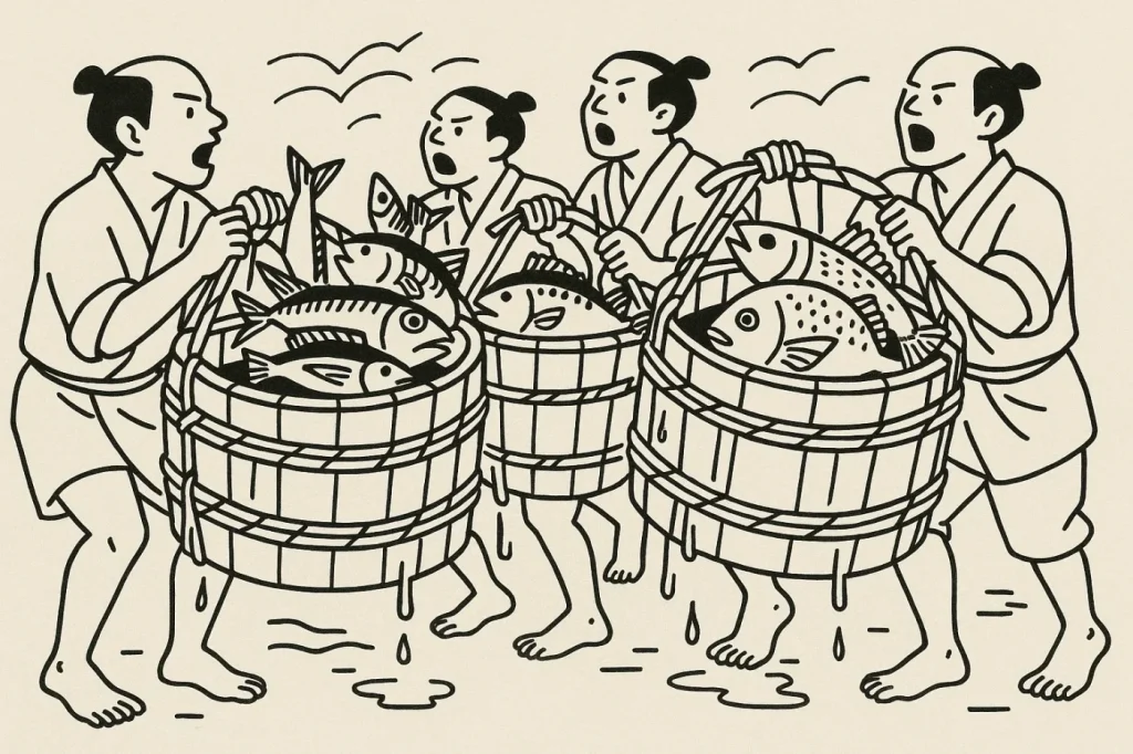 掛け声が重なり、魚荷人足たちが一斉に桶を担ぎ上げる。 木の桶には、まだ跳ねる鰯、銀色に光る鯖、そして赤い鯛。 海の匂いが一気にあたりに満ちる。