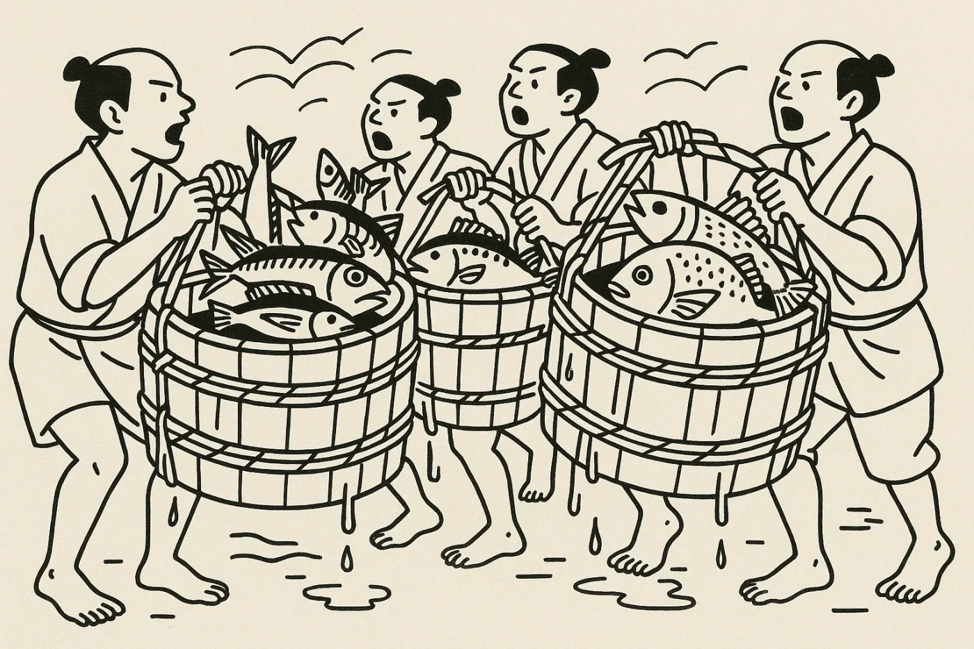 掛け声が重なり、魚荷人足たちが一斉に桶を担ぎ上げる。 木の桶には、まだ跳ねる鰯、銀色に光る鯖、そして赤い鯛。 海の匂いが一気にあたりに満ちる。