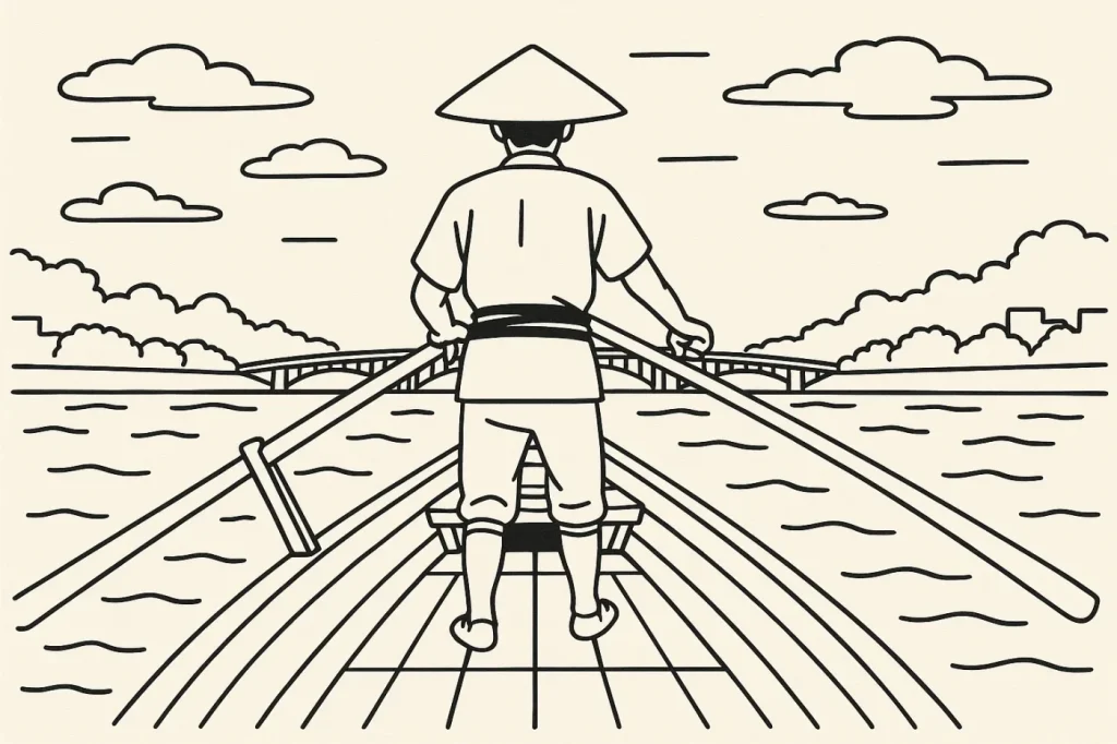 江戸時代の隅田川で櫓を漕ぐ船頭の後ろ姿。 江戸時代、男性1人、櫓、舟、川、空、雲、遠景に橋