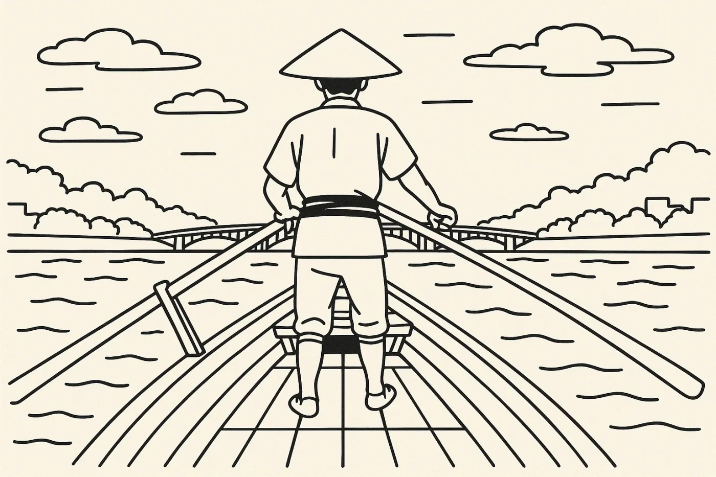 江戸時代の隅田川で櫓を漕ぐ船頭の後ろ姿。 江戸時代、男性1人、櫓、舟、川、空、雲、遠景に橋