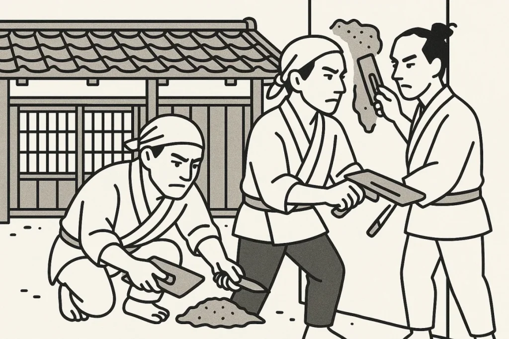 江戸時代の左官職人が鏝で壁を塗っている。 江戸時代、男性2人、鏝、白壁、土、真剣な表情、背景に長屋。