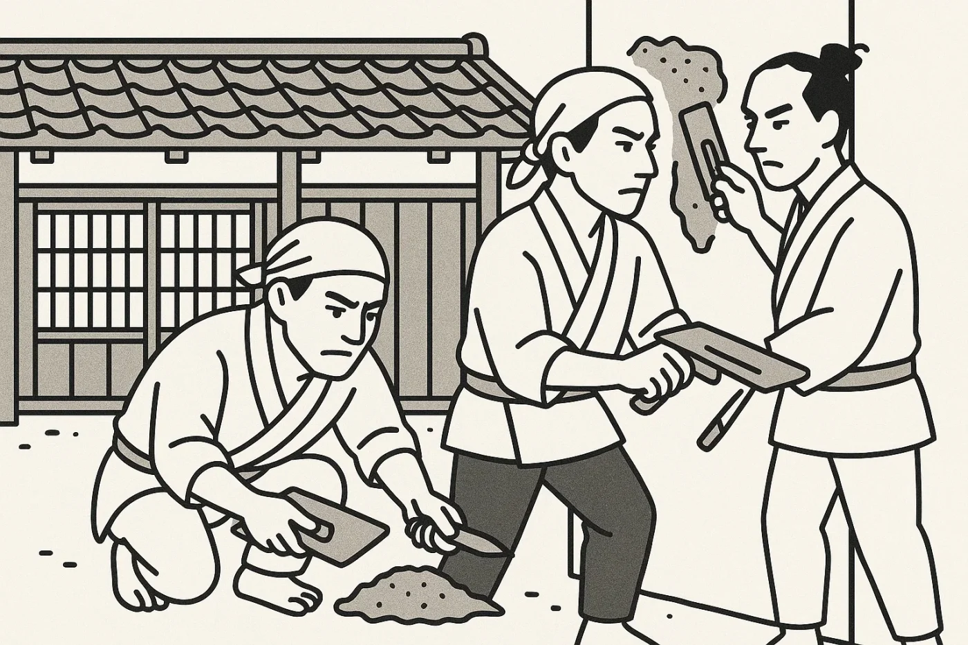 江戸時代の左官職人が鏝で壁を塗っている。 江戸時代、男性2人、鏝、白壁、土、真剣な表情、背景に長屋。