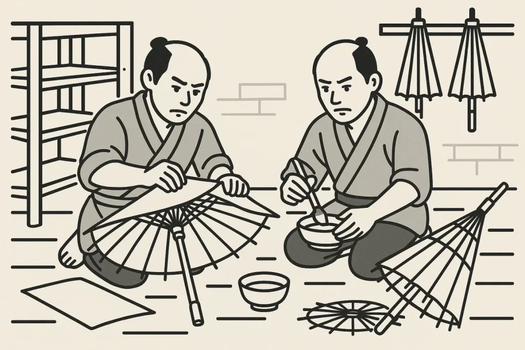 江戸時代の傘張り職人が竹骨に油紙を張っている。 江戸時代、男性2人、竹骨、油紙、糊、真剣な表情、背景に作業場。