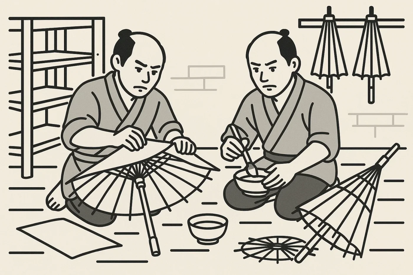 江戸時代の傘張り職人が竹骨に油紙を張っている。 江戸時代、男性2人、竹骨、油紙、糊、真剣な表情、背景に作業場。