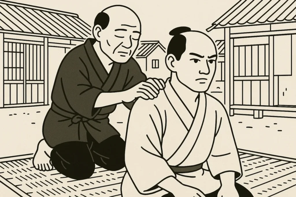 江戸時代の按摩が客の肩を揉んでいる。視覚障害者の按摩職人。 江戸時代、男性2人、按摩の手、客の肩、畳、真剣な表情、背景に長屋。