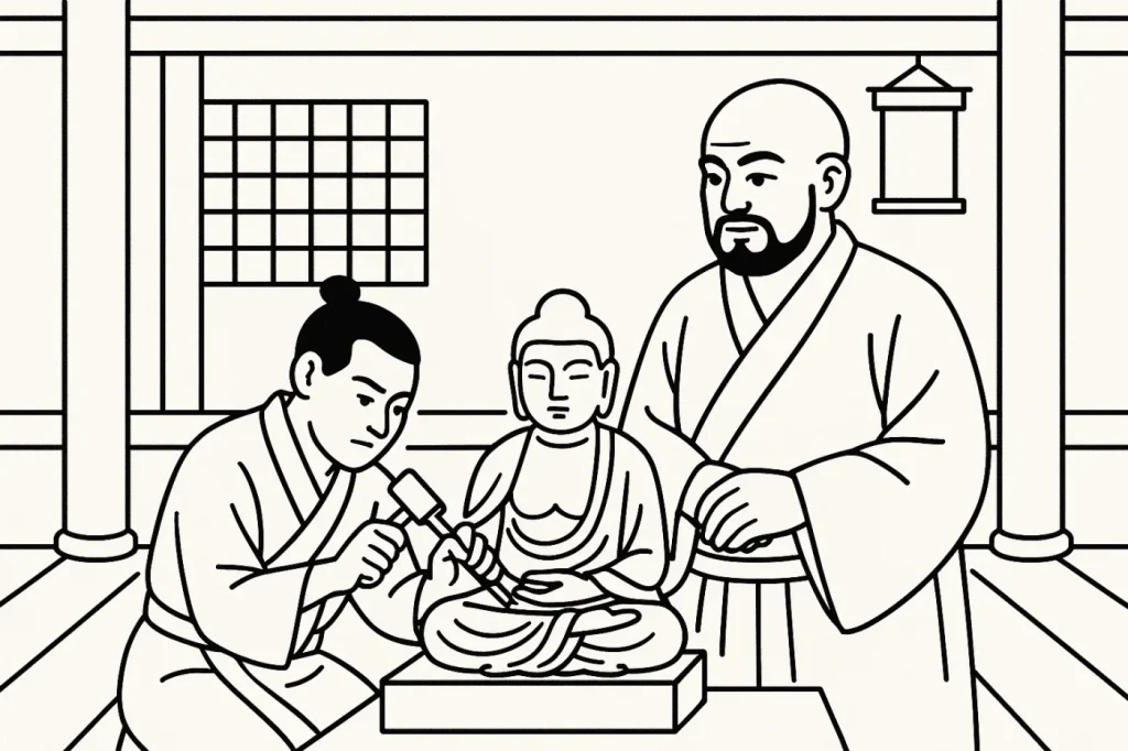 鎌倉時代の仏師。彫刻を掘る弟子と見守る運慶。