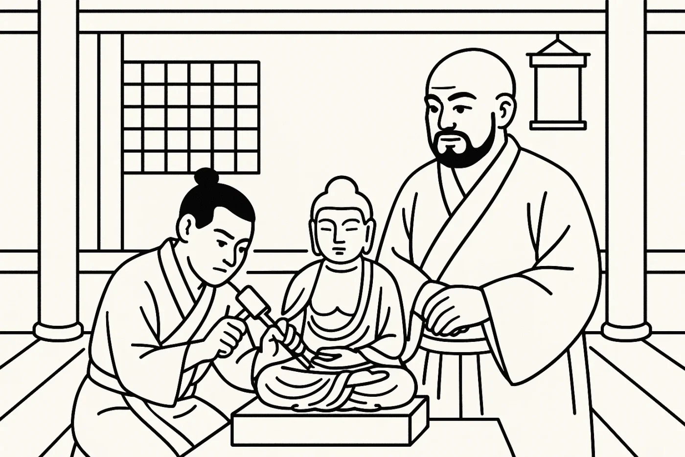 鎌倉時代の仏師。彫刻を掘る弟子と見守る運慶。