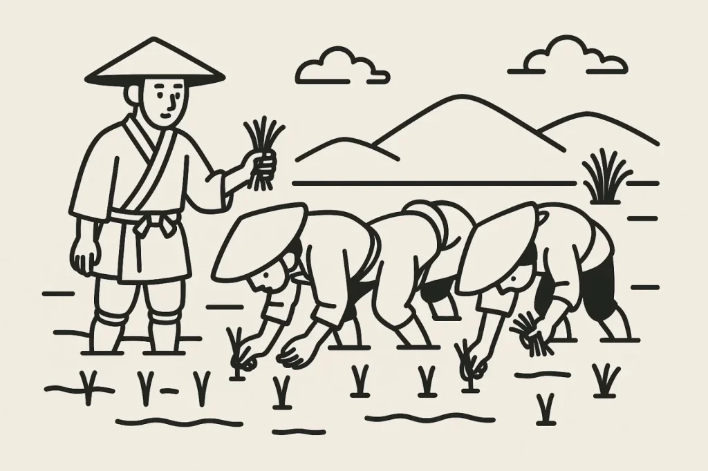 江戸時代の稲作農家が田植えをしている。