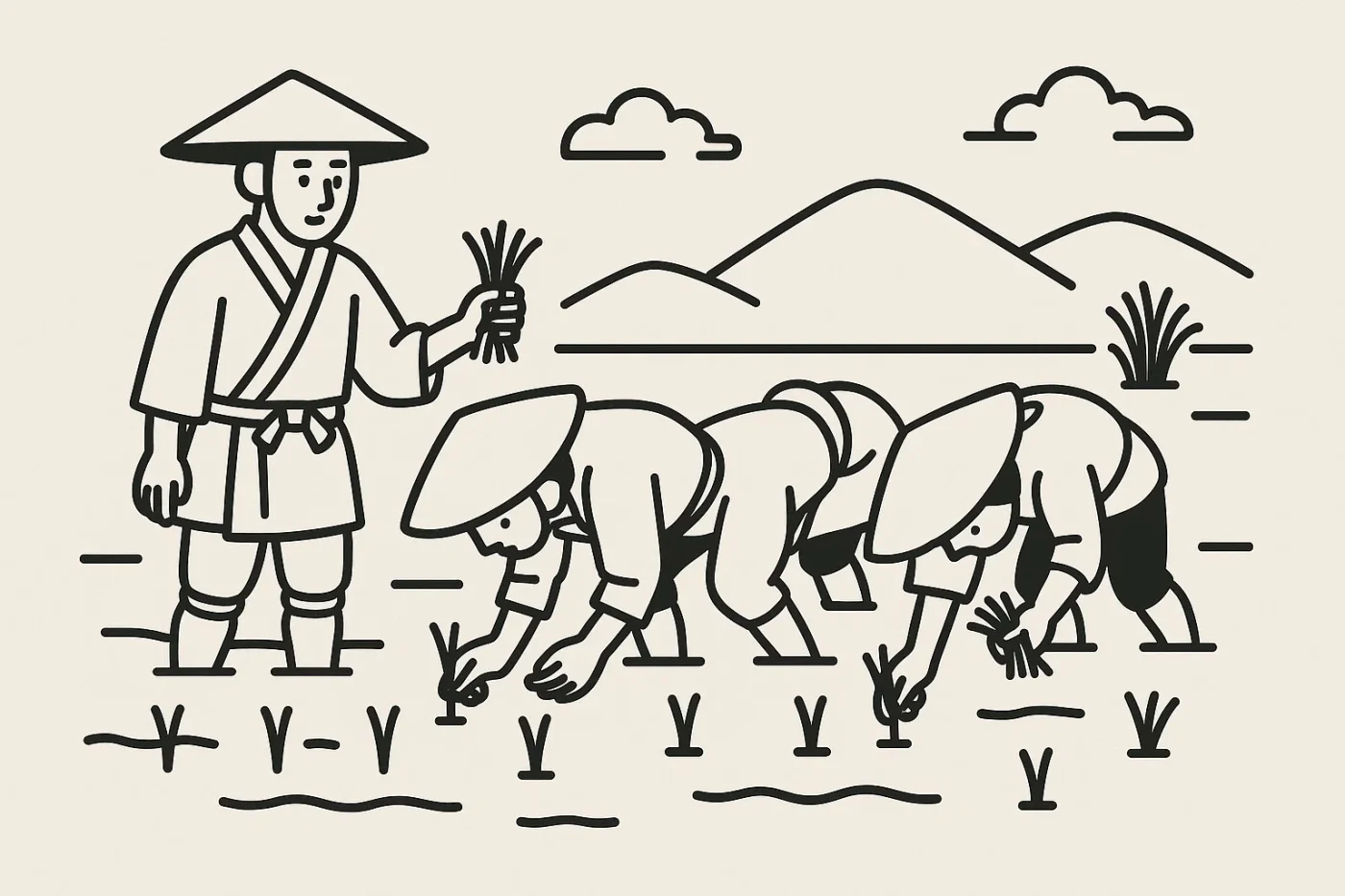 江戸時代の稲作農家が田植えをしている。