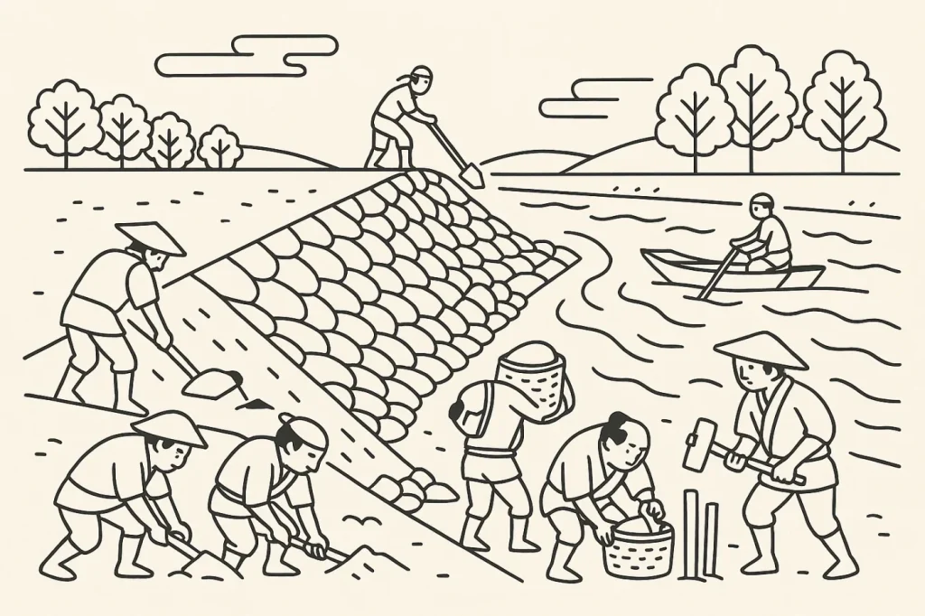 江戸時代の治水工事と水運の様子。堤防建設と舟運を描いたイラスト。徳川家康の都市計画を象徴する場面。