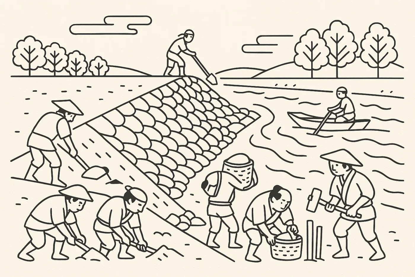 江戸時代の治水工事と水運の様子。堤防建設と舟運を描いたイラスト。徳川家康の都市計画を象徴する場面。