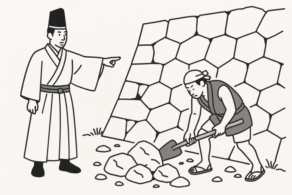 石垣を築く人と指示する役人