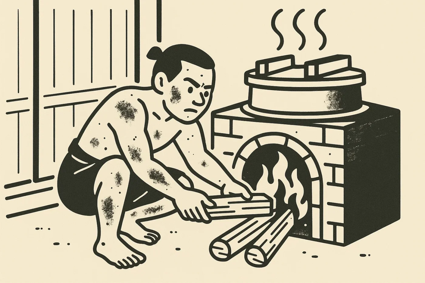 江戸時代の銭湯の裏で、風呂焚き職人が火室で薪をくべている。 江戸時代、男性1人、薪、炎、火室、煤まみれ、真剣な表情、背景に釜と湯気