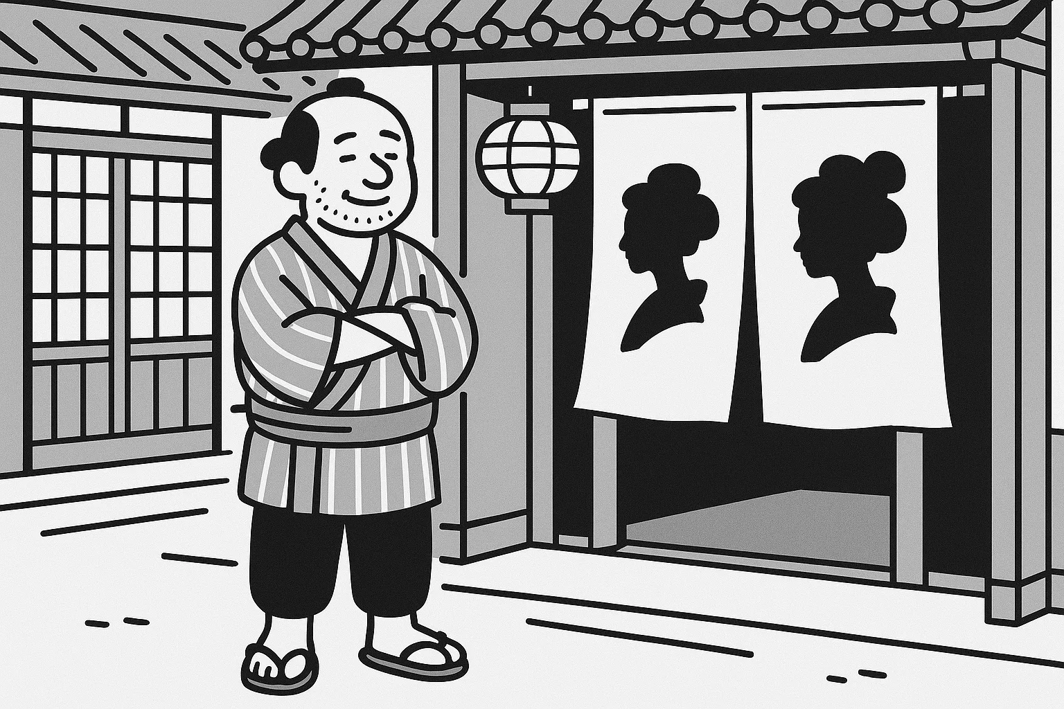 遊郭の前で楽しそうに立つ男
